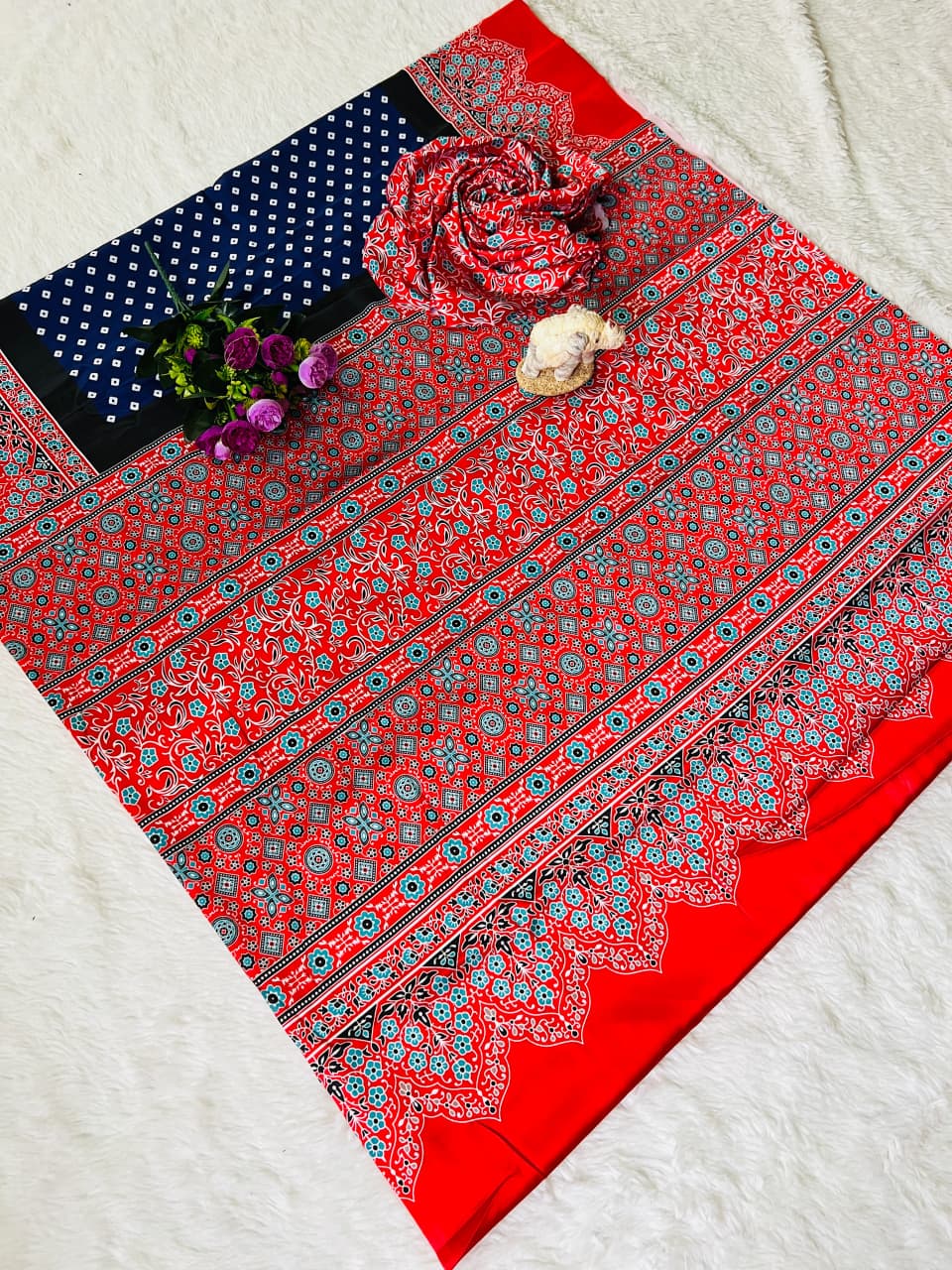 Super Hit Semi Gajji Silk Saree – Original Japan Satin Silk with Ajrakh Print Border & Rich Pallu