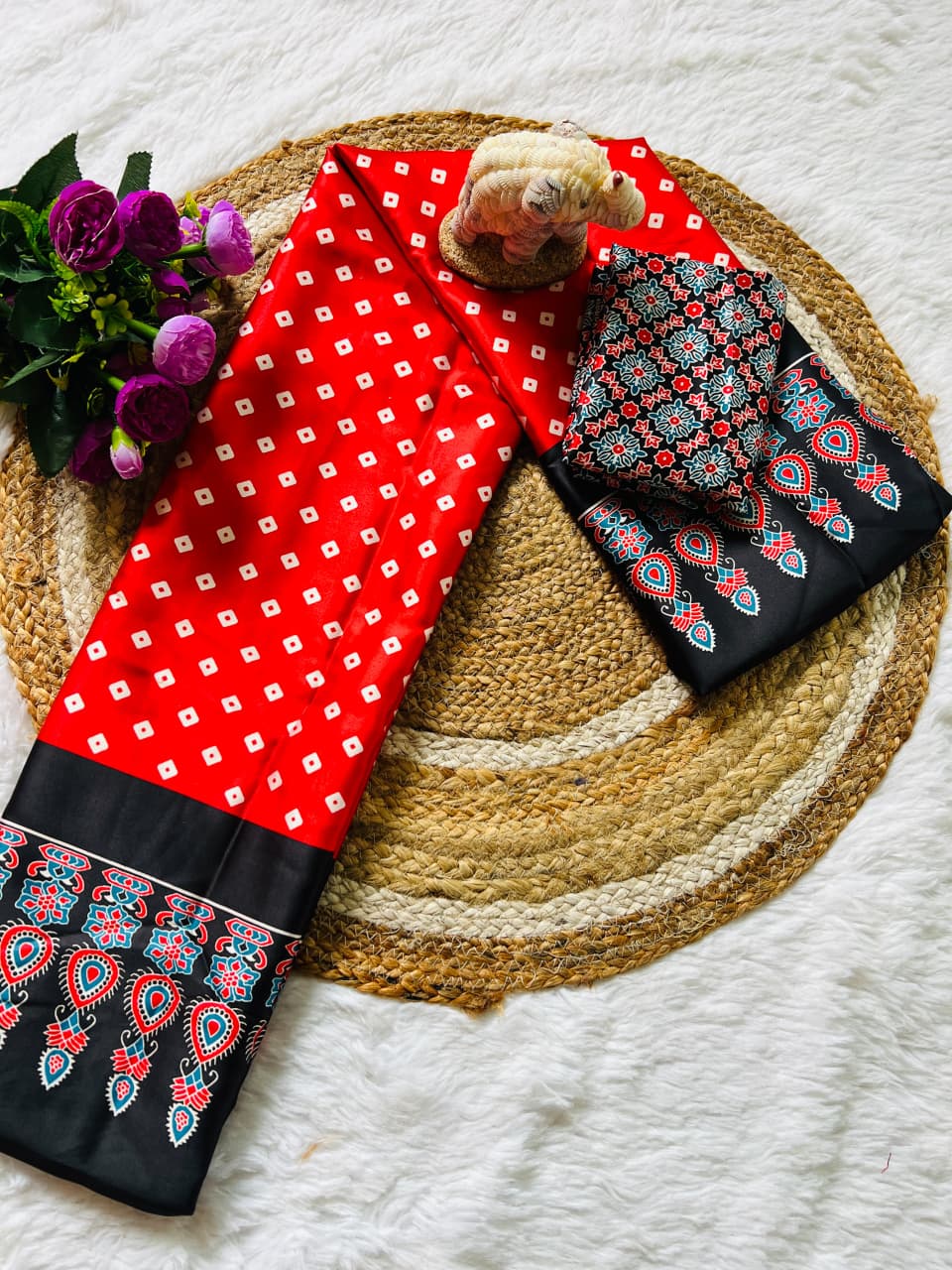 Super Hit Semi Gajji Silk Saree – Original Japan Satin Silk with Ajrakh Print Border & Rich Pallu