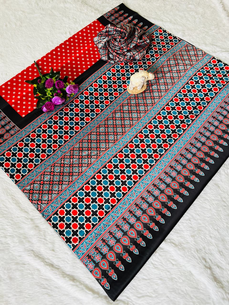 Super Hit Semi Gajji Silk Saree – Original Japan Satin Silk with Ajrakh Print Border & Rich Pallu
