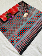 Super Hit Semi Gajji Silk Saree – Original Japan Satin Silk with Ajrakh Print Border & Rich Pallu