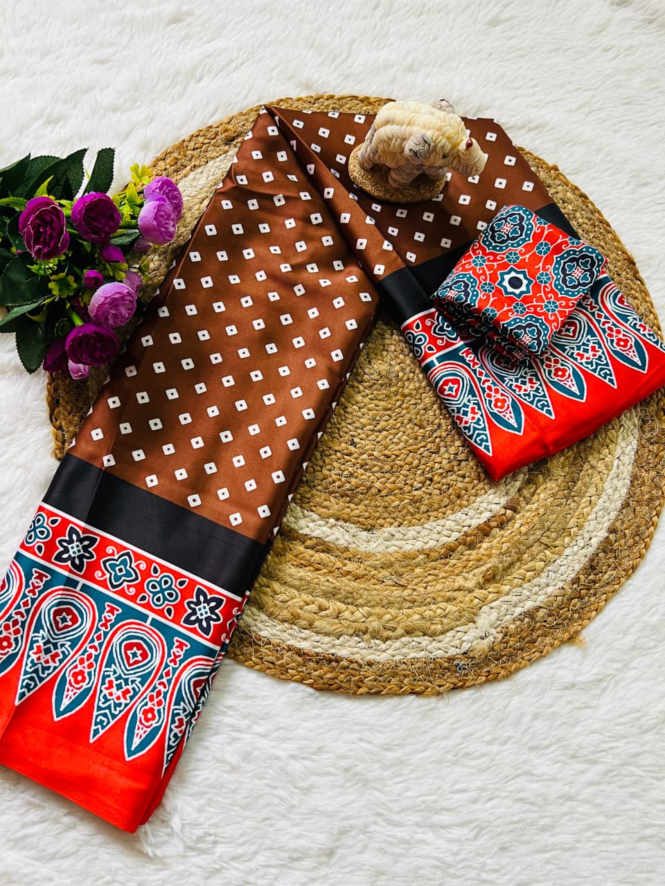 Super Hit Semi Gajji Silk Saree – Original Japan Satin Silk with Ajrakh Print Border & Rich Pallu