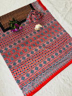 Super Hit Semi Gajji Silk Saree – Original Japan Satin Silk with Ajrakh Print Border & Rich Pallu