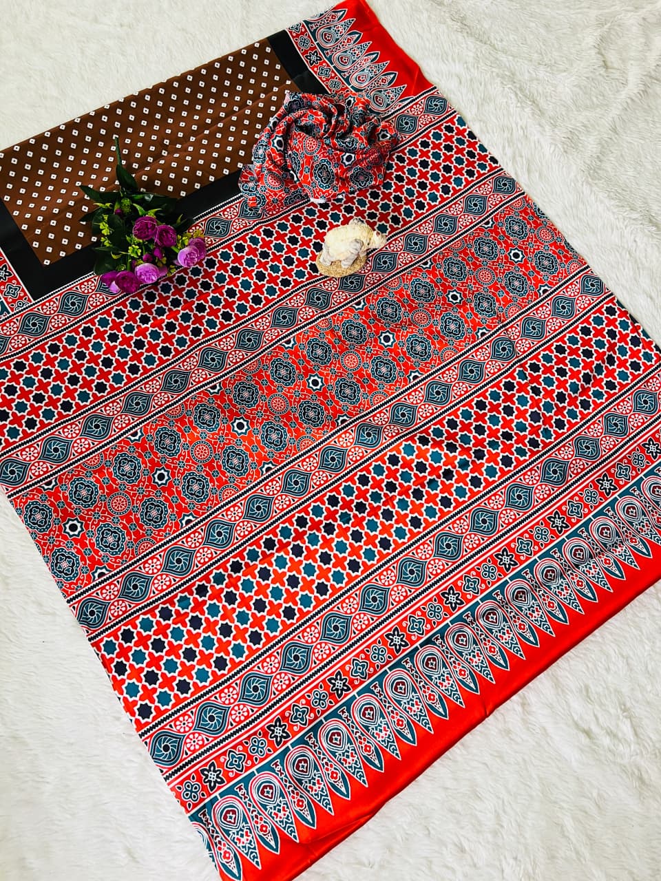 Super Hit Semi Gajji Silk Saree – Original Japan Satin Silk with Ajrakh Print Border & Rich Pallu