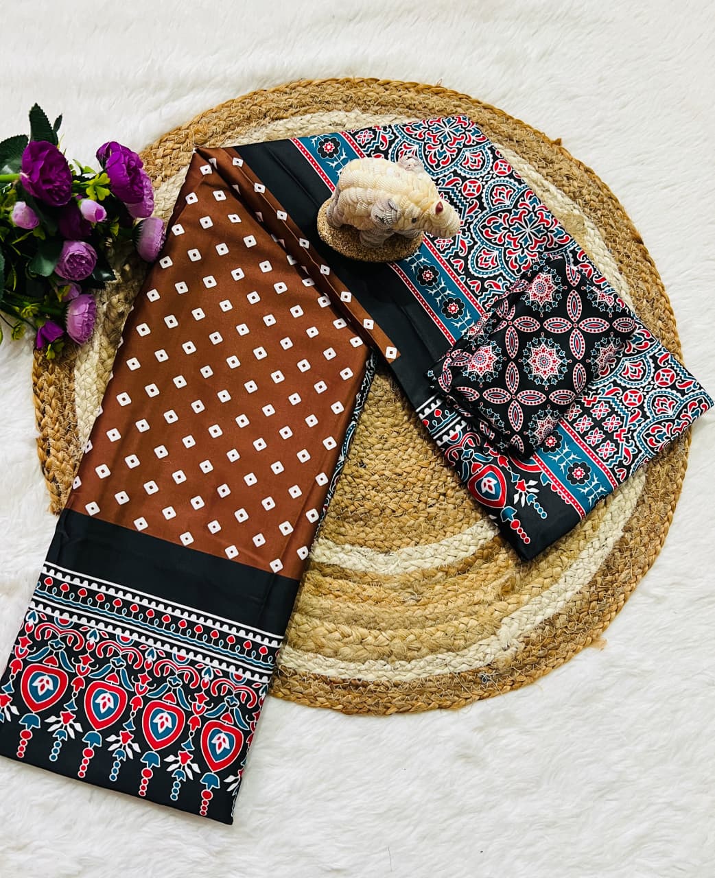 Super Hit Semi Gajji Silk Saree – Original Japan Satin Silk with Ajrakh Print Border & Rich Pallu