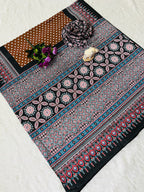 Super Hit Semi Gajji Silk Saree – Original Japan Satin Silk with Ajrakh Print Border & Rich Pallu