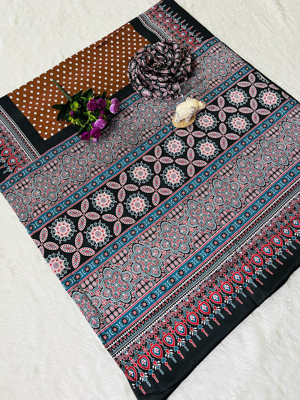 Super Hit Semi Gajji Silk Saree – Original Japan Satin Silk with Ajrakh Print Border & Rich Pallu