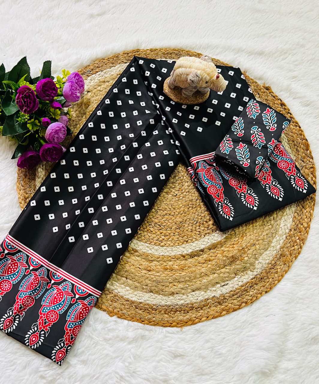 Super Hit Semi Gajji Silk Saree – Original Japan Satin Silk with Ajrakh Print Border & Rich Pallu