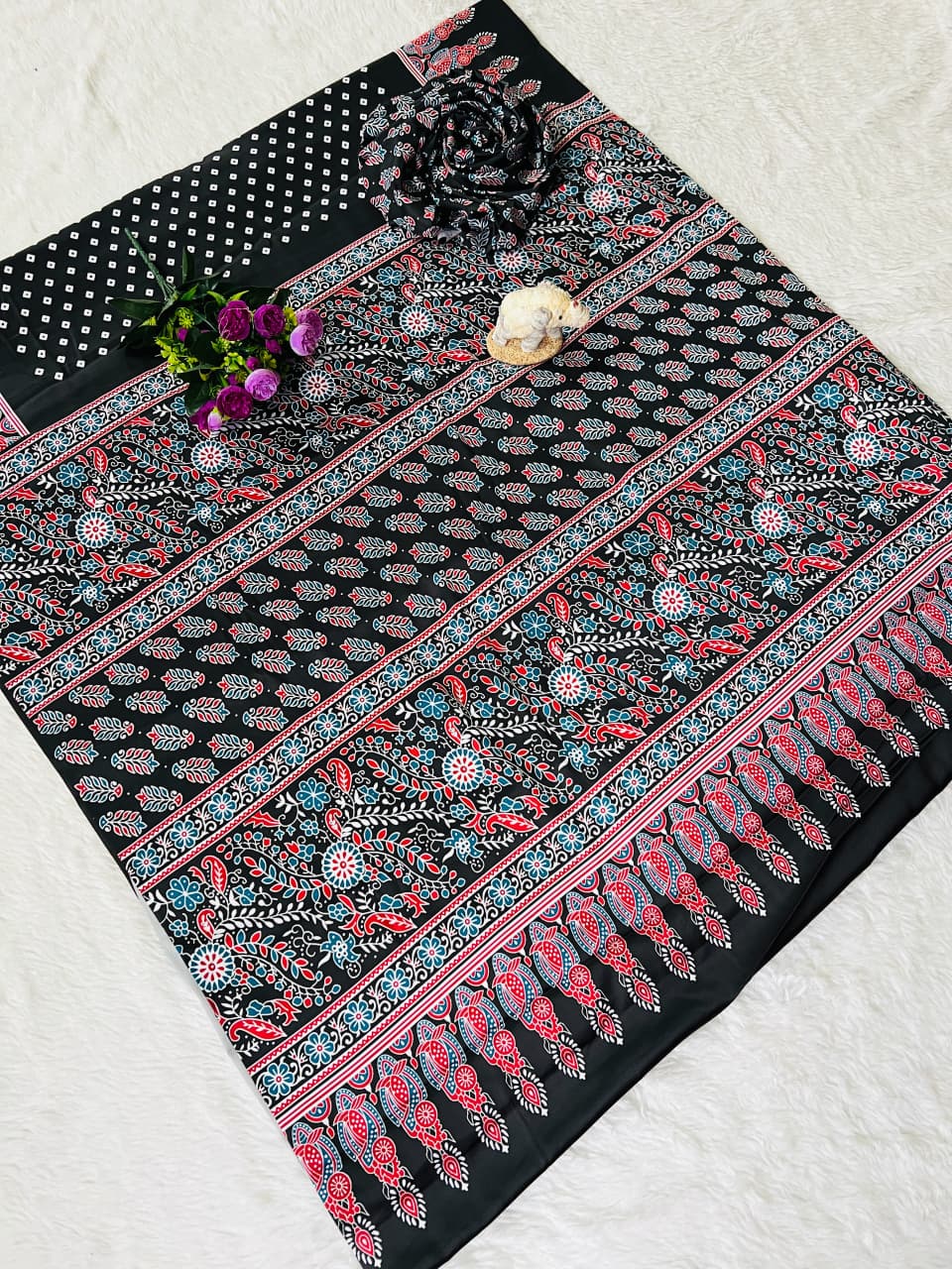 Super Hit Semi Gajji Silk Saree – Original Japan Satin Silk with Ajrakh Print Border & Rich Pallu