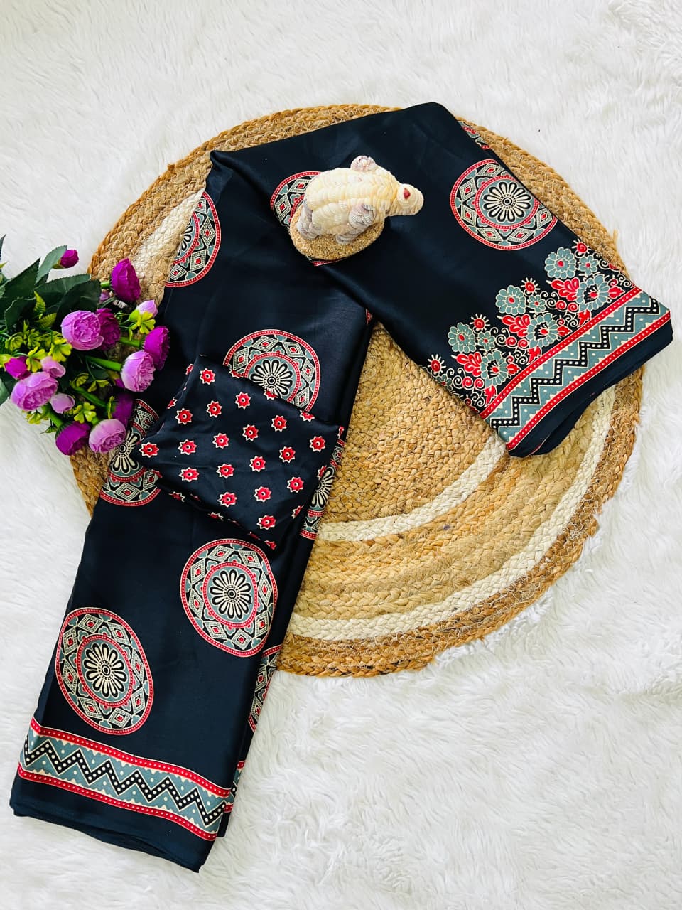 Super Hit Semi Gajji Silk Saree – Original Japan Satin Silk with Ajrakh Print Border & Rich Pallu