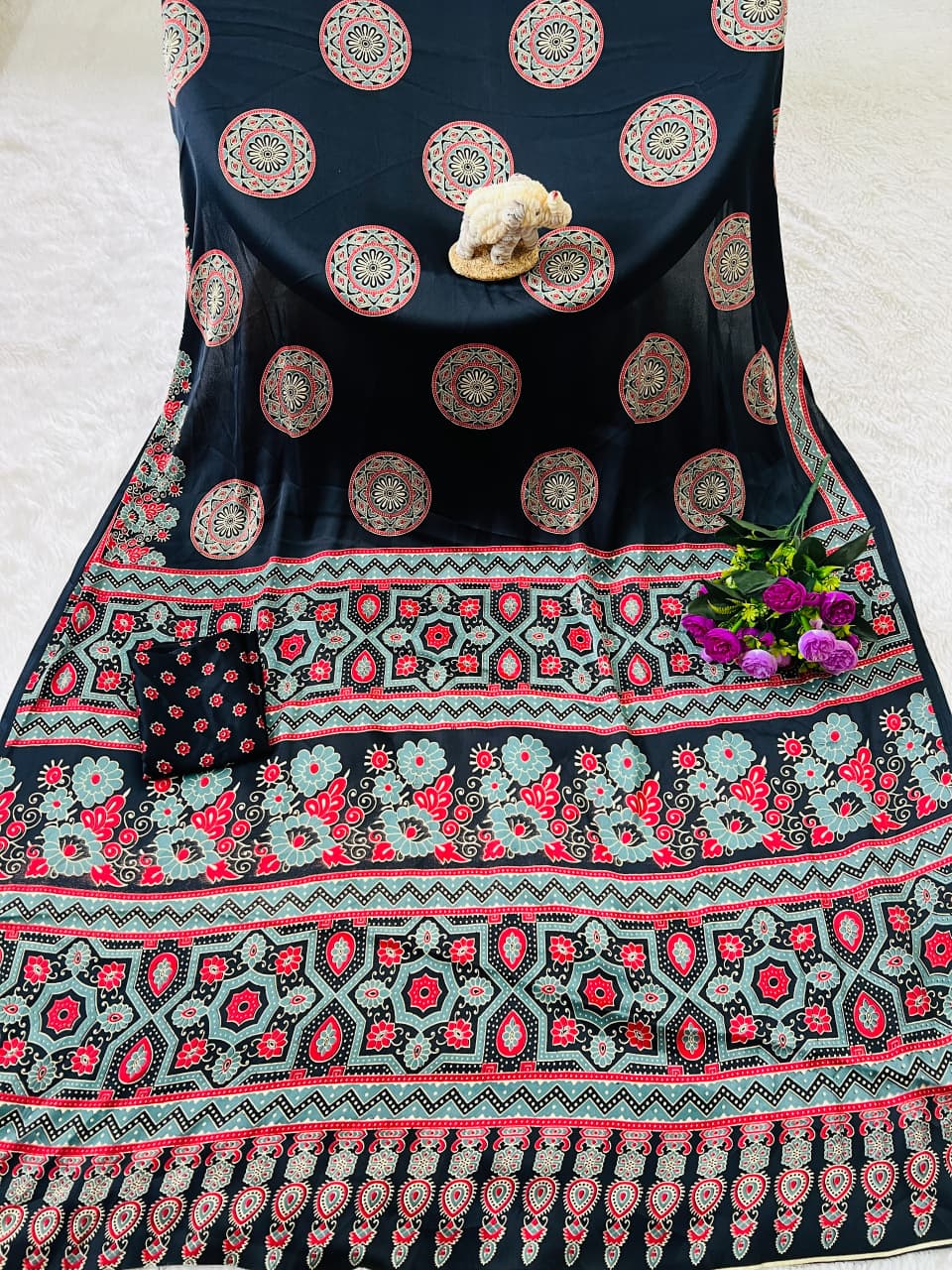 Super Hit Semi Gajji Silk Saree – Original Japan Satin Silk with Ajrakh Print Border & Rich Pallu