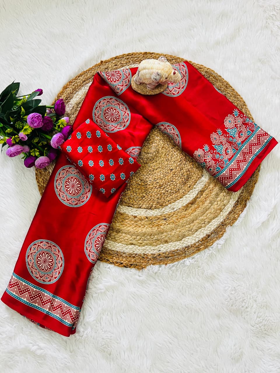 Super Hit Semi Gajji Silk Saree – Original Japan Satin Silk with Ajrakh Print Border & Rich Pallu