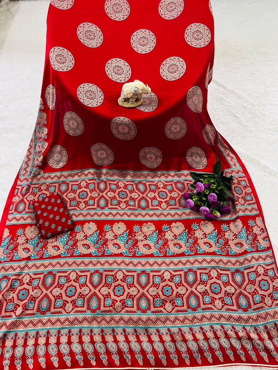 Super Hit Semi Gajji Silk Saree – Original Japan Satin Silk with Ajrakh Print Border & Rich Pallu