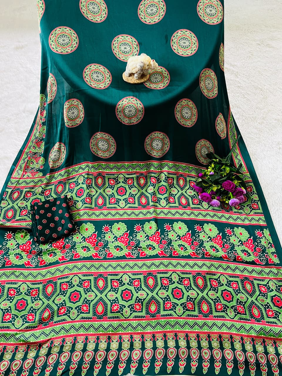 Super Hit Semi Gajji Silk Saree – Original Japan Satin Silk with Ajrakh Print Border & Rich Pallu
