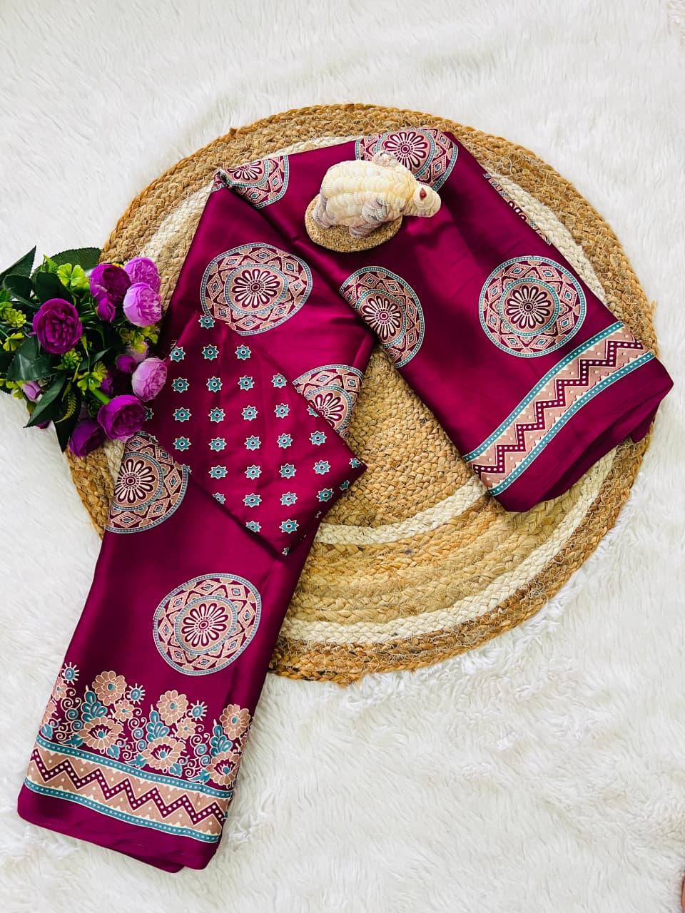 Super Hit Semi Gajji Silk Saree – Original Japan Satin Silk with Ajrakh Print Border & Rich Pallu