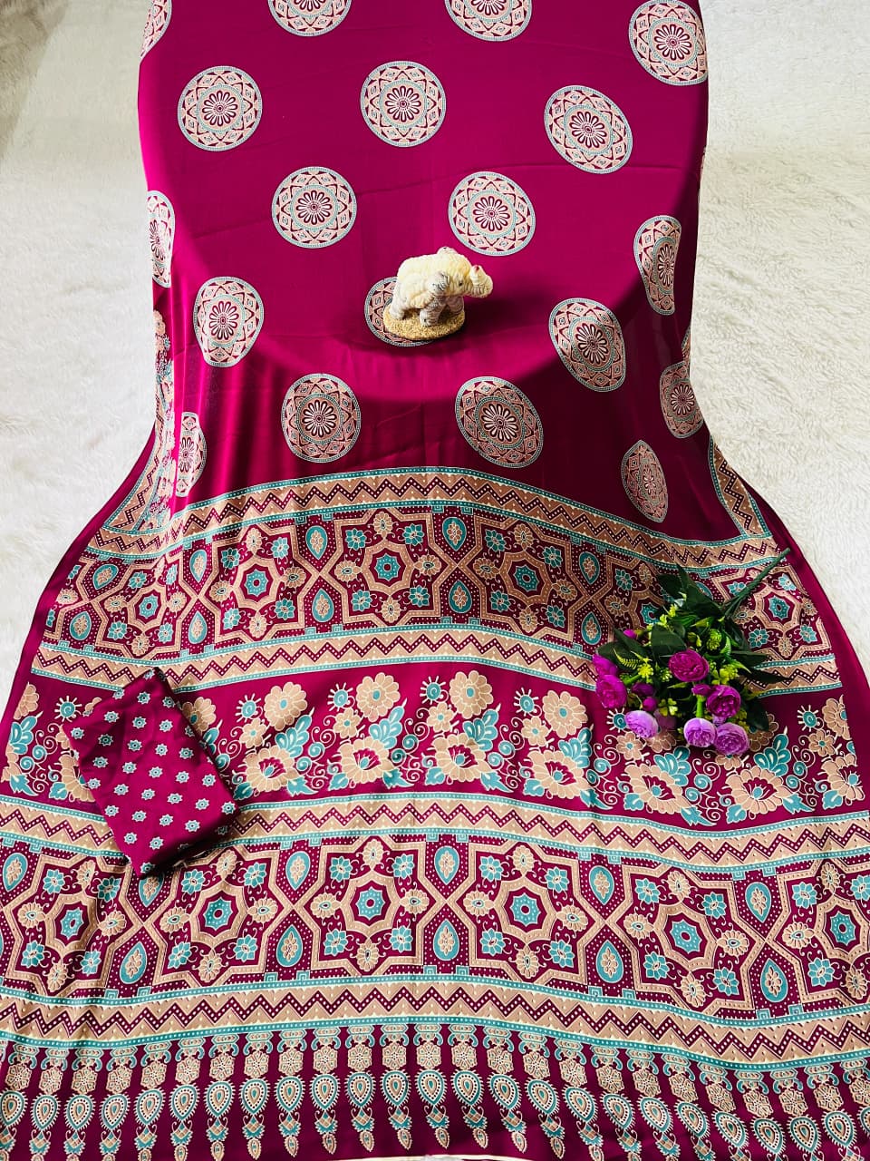 Super Hit Semi Gajji Silk Saree – Original Japan Satin Silk with Ajrakh Print Border & Rich Pallu