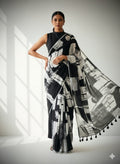 Heavy Marshmallow Georgette Saree – Black & White Digital Print with Cotton Tassels.