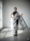 Heavy Marshmallow Georgette Saree – Black & White Digital Print with Cotton Tassels.