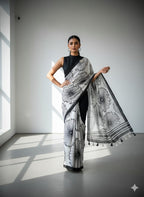 Heavy Marshmallow Georgette Saree – Black & White Digital Print with Cotton Tassels.