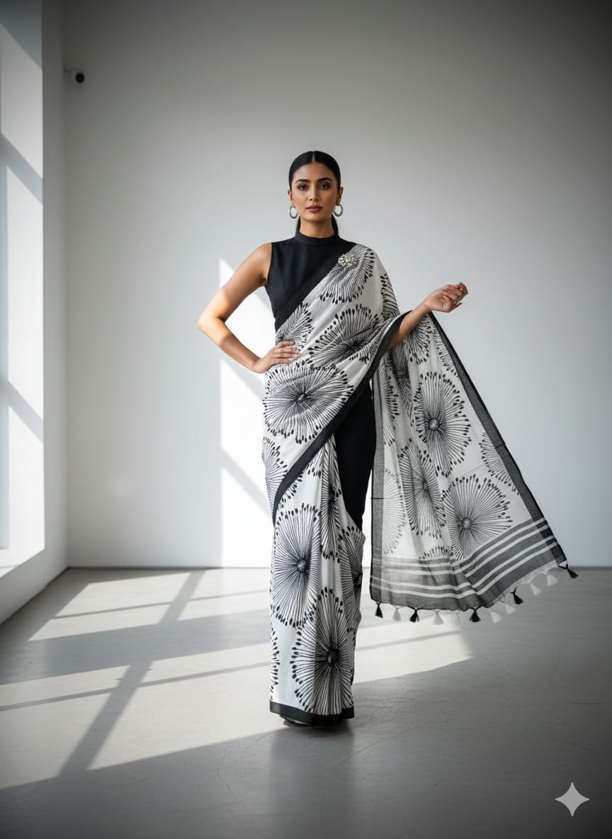 Heavy Marshmallow Georgette Saree – Black & White Digital Print with Cotton Tassels.