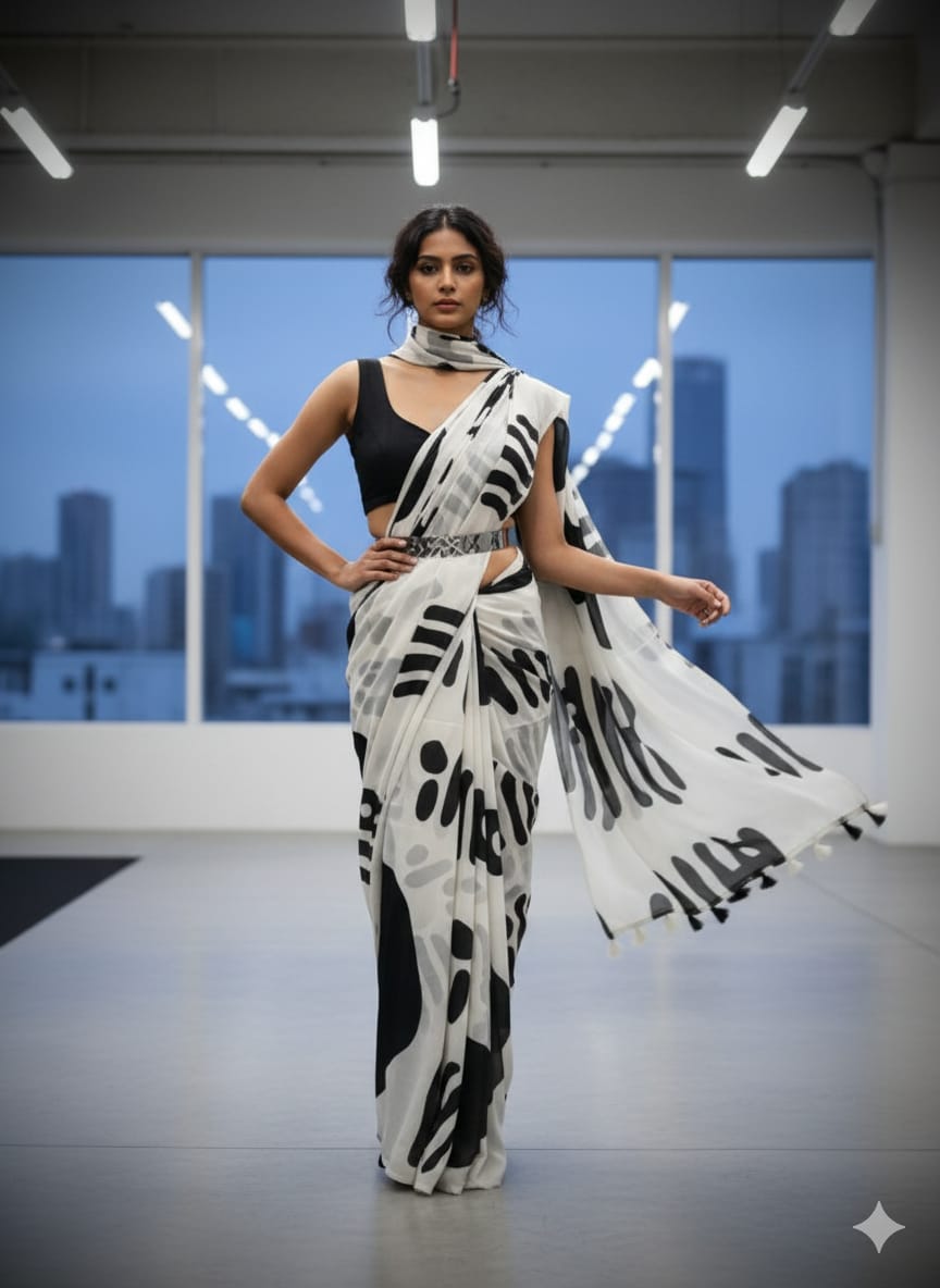 Heavy Marshmallow Georgette Saree – Black & White Digital Print with Cotton Tassels.