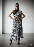 Heavy Marshmallow Georgette Saree – Black & White Digital Print with Cotton Tassels.