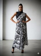 Heavy Marshmallow Georgette Saree – Black & White Digital Print with Cotton Tassels.