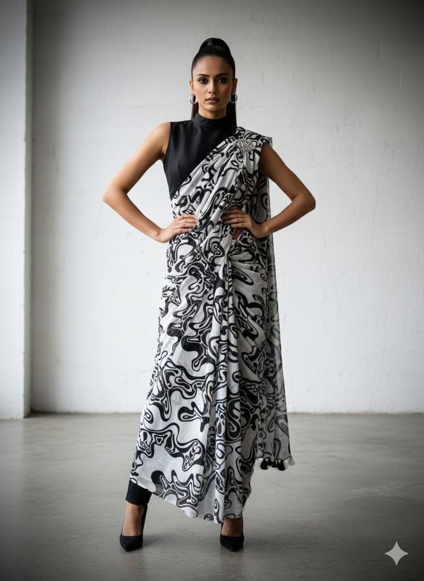 Heavy Marshmallow Georgette Saree – Black & White Digital Print with Cotton Tassels.