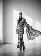 Heavy Marshmallow Georgette Saree – Black & White Digital Print with Cotton Tassels.
