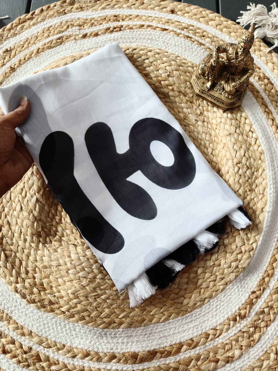 Heavy Marshmallow Georgette Saree – Black & White Digital Print with Cotton Tassels.