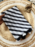 Heavy Marshmallow Georgette Saree – Black & White Digital Print with Cotton Tassels.