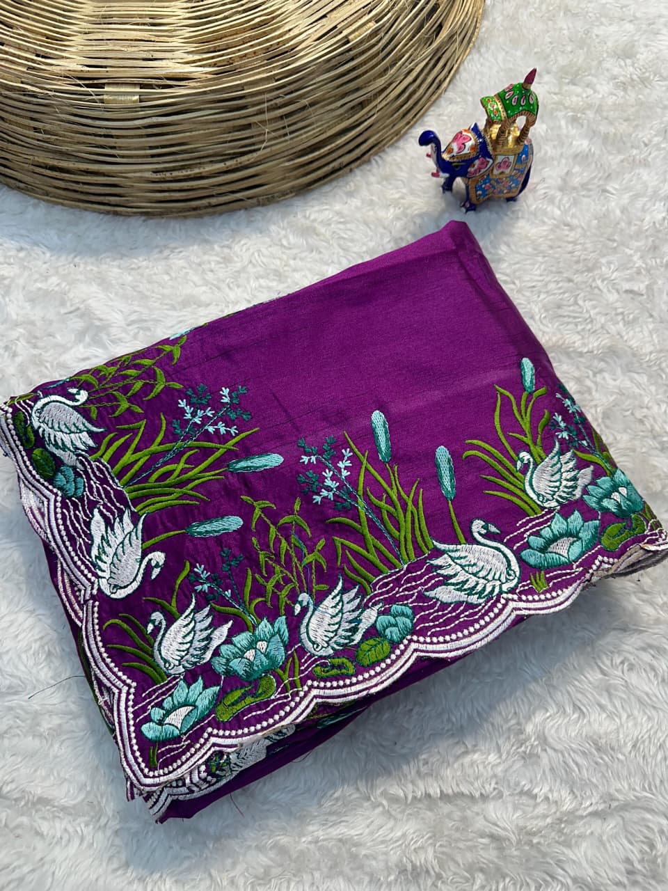 Tussar Cotton Embroidered Saree – Swan & Lotus Motifs with Scalloped Border.