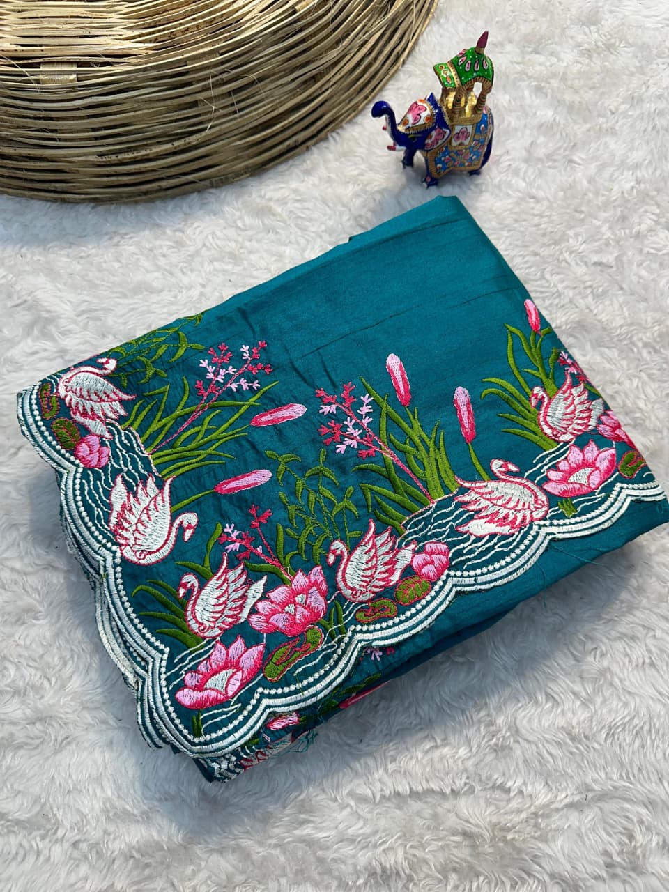 Tussar Cotton Embroidered Saree – Swan & Lotus Motifs with Scalloped Border.