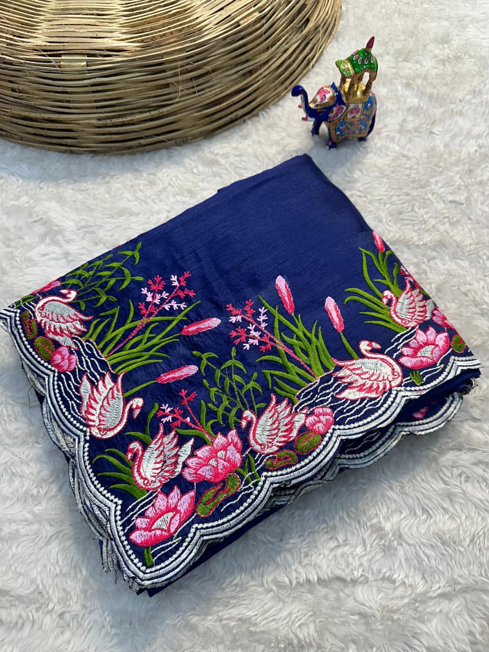 Tussar Cotton Embroidered Saree – Swan & Lotus Motifs with Scalloped Border.