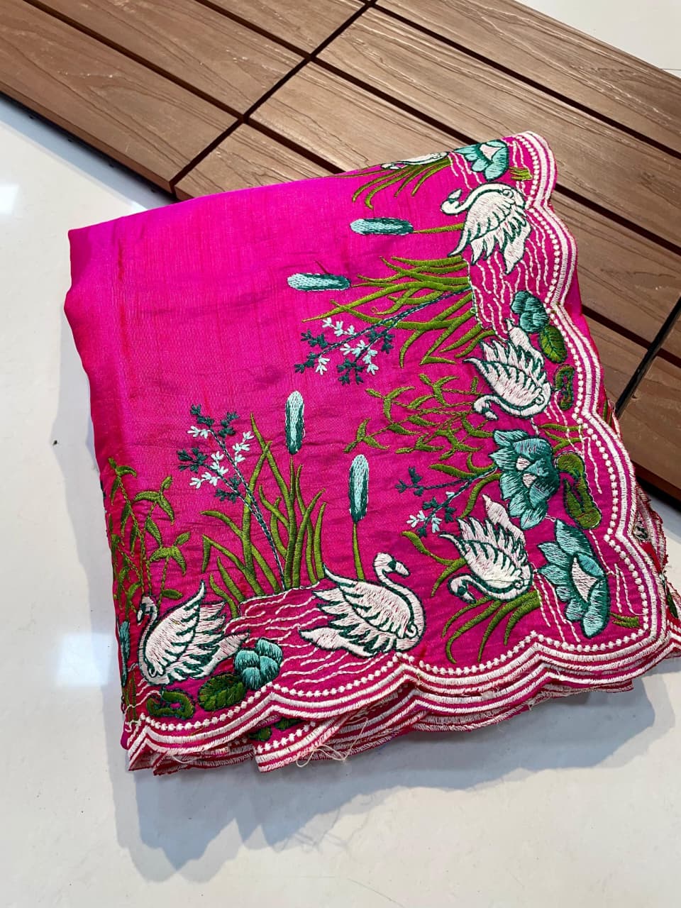 Tussar Cotton Embroidered Saree – Swan & Lotus Motifs with Scalloped Border.