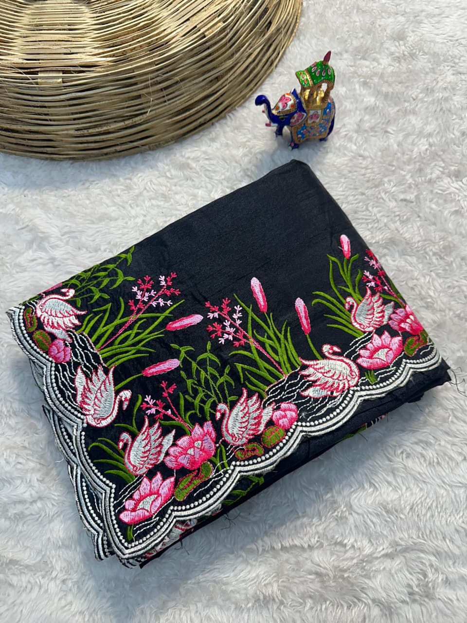 Tussar Cotton Embroidered Saree – Swan & Lotus Motifs with Scalloped Border.