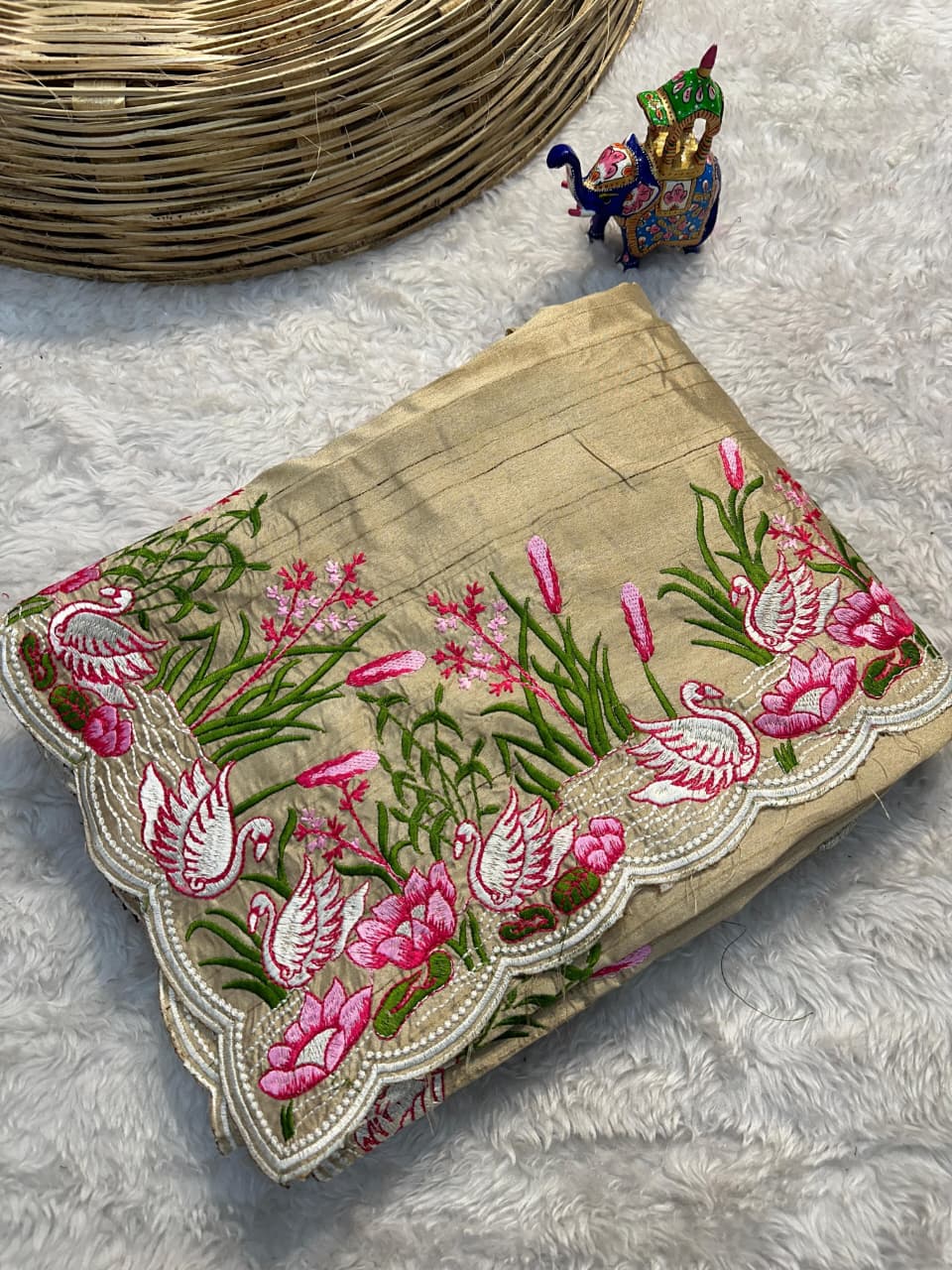 Tussar Cotton Embroidered Saree – Swan & Lotus Motifs with Scalloped Border.