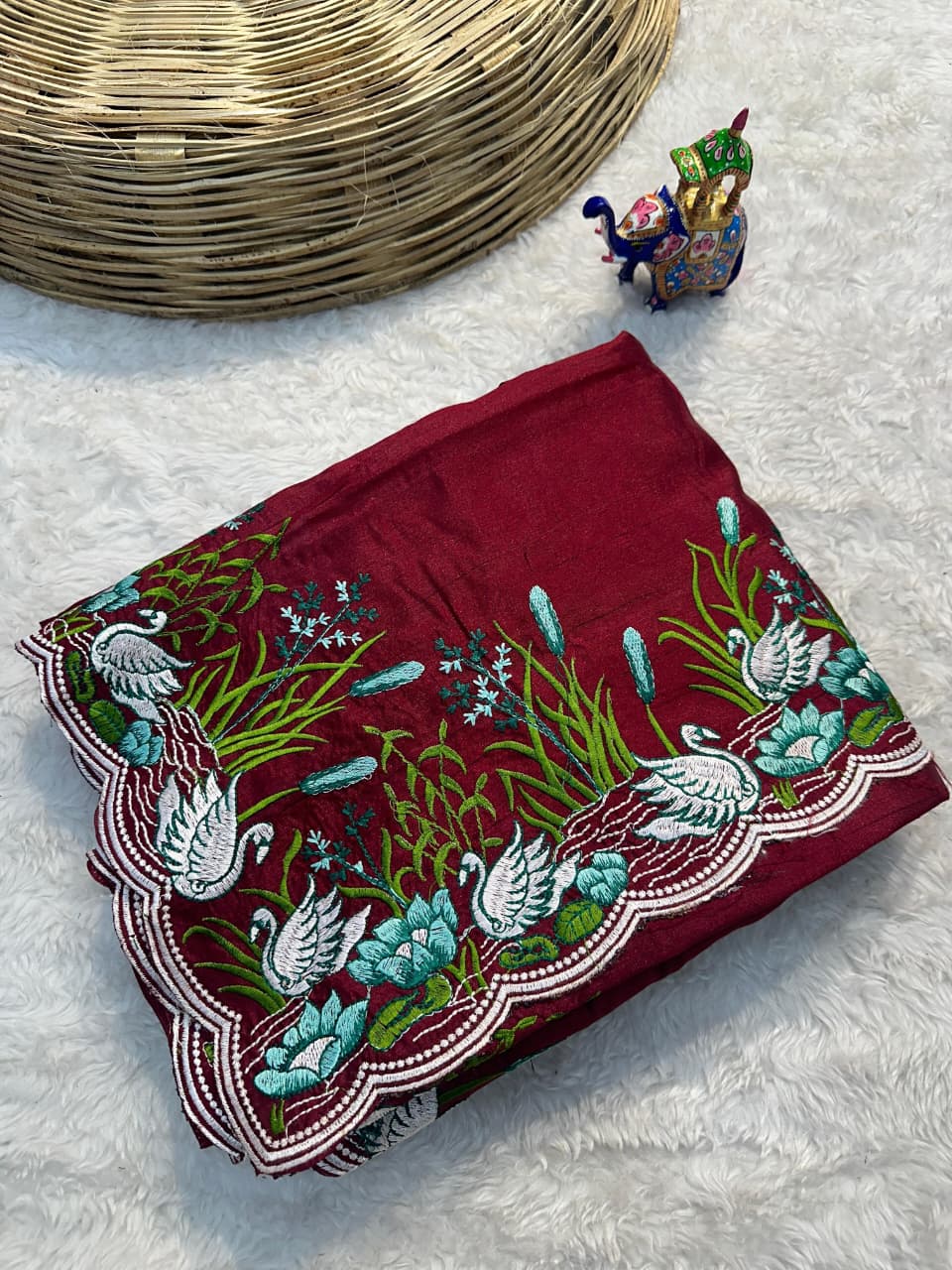 Tussar Cotton Embroidered Saree – Swan & Lotus Motifs with Scalloped Border.