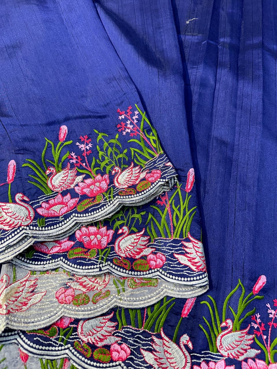 Tussar Cotton Embroidered Saree – Swan & Lotus Motifs with Scalloped Border.