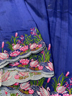 Tussar Cotton Embroidered Saree – Swan & Lotus Motifs with Scalloped Border.