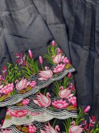 Tussar Cotton Embroidered Saree – Swan & Lotus Motifs with Scalloped Border.