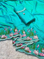 Tussar Cotton Embroidered Saree – Swan & Lotus Motifs with Scalloped Border.
