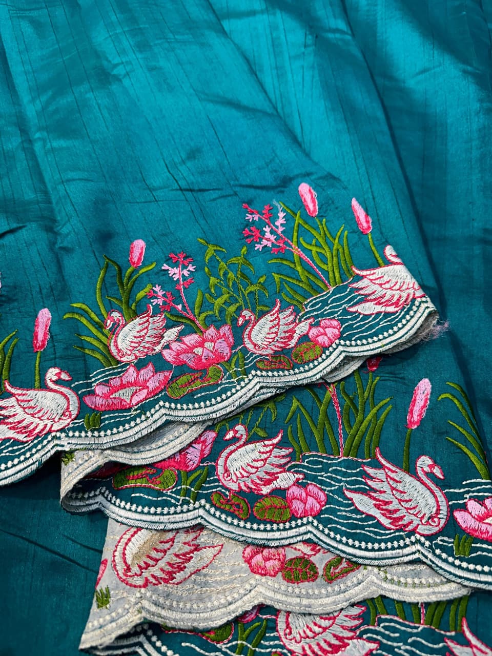 Tussar Cotton Embroidered Saree – Swan & Lotus Motifs with Scalloped Border.