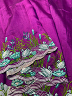 Tussar Cotton Embroidered Saree – Swan & Lotus Motifs with Scalloped Border.