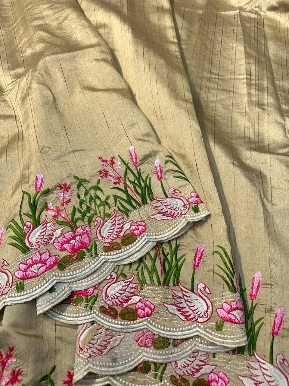 Tussar Cotton Embroidered Saree – Swan & Lotus Motifs with Scalloped Border.