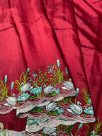 Tussar Cotton Embroidered Saree – Swan & Lotus Motifs with Scalloped Border.