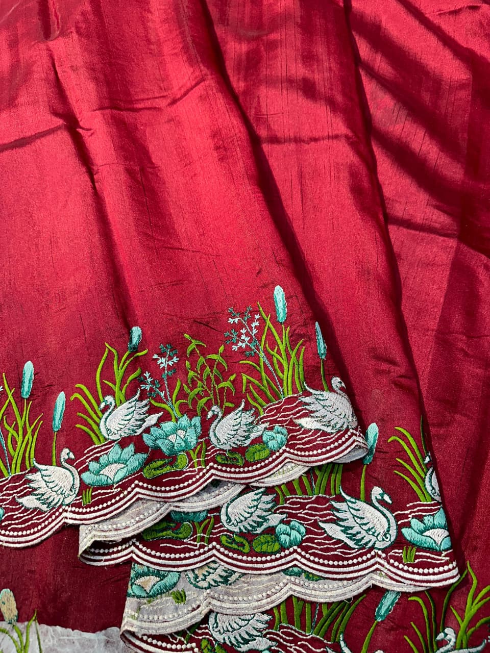 Tussar Cotton Embroidered Saree – Swan & Lotus Motifs with Scalloped Border.