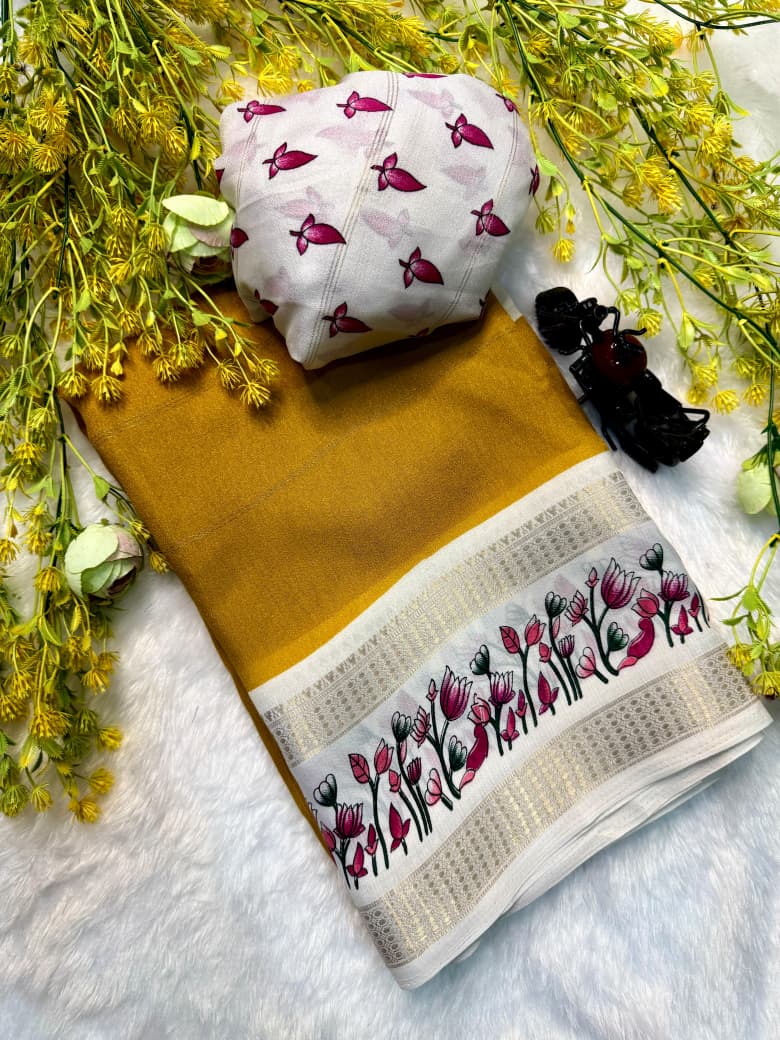 Soft Marsh Melon Saree – Self Jacquard Design with Contrast Zari Hamsa Borders.