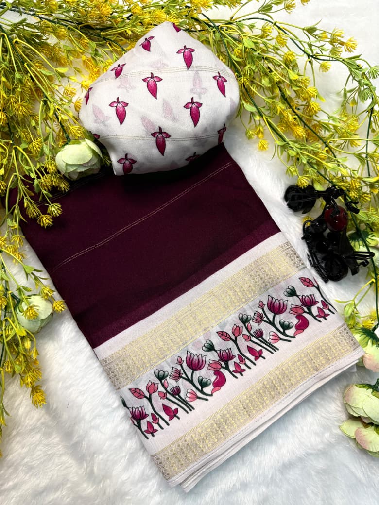 Soft Marsh Melon Saree – Self Jacquard Design with Contrast Zari Hamsa Borders.