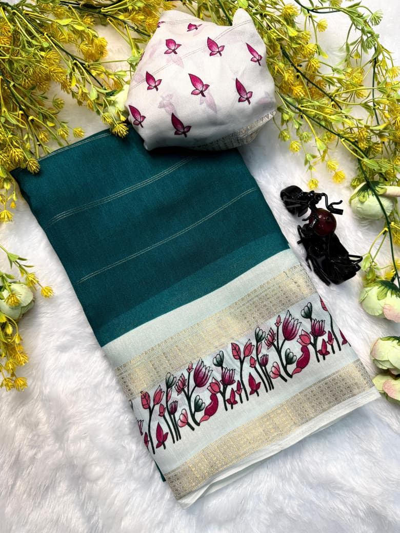 Soft Marsh Melon Saree – Self Jacquard Design with Contrast Zari Hamsa Borders.