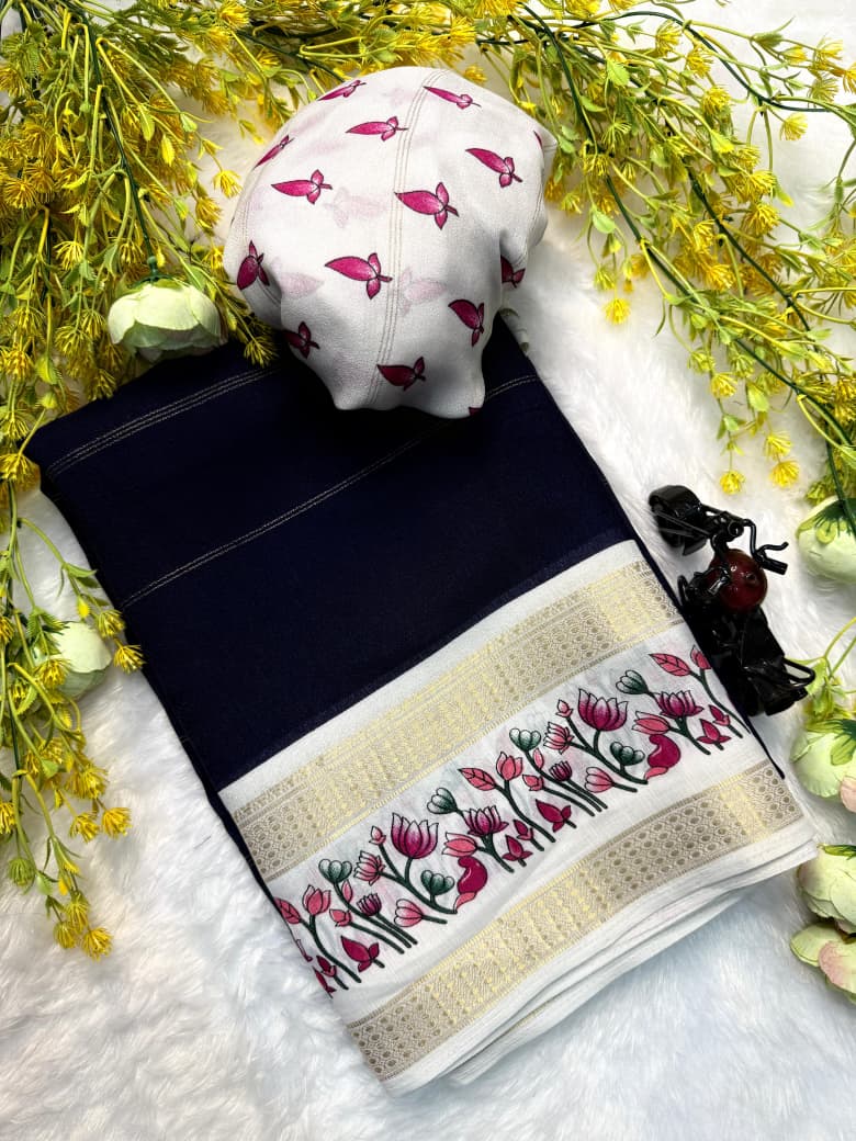 Soft Marsh Melon Saree – Self Jacquard Design with Contrast Zari Hamsa Borders.